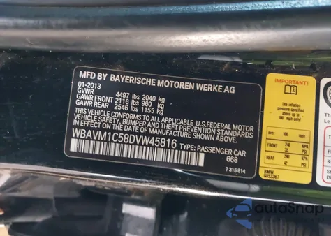 2013 BMW X1 Sdrive28I from USA, damaged, VIN WBAVM1C58DVW45816